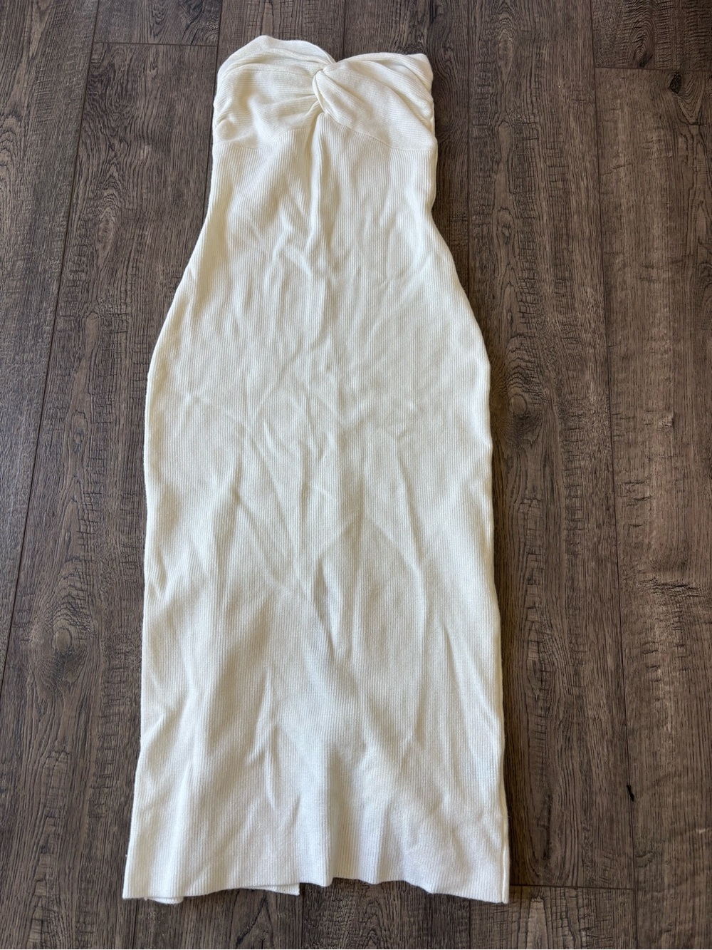 White Strapless knit Twist-Front Midi Dress